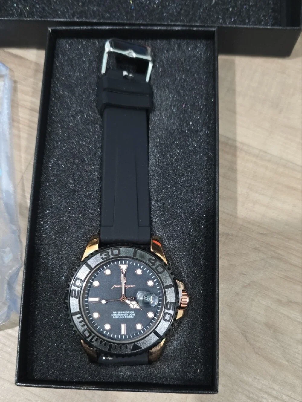 Men's Black Silicone Strap Watch with Rose Gold Accents